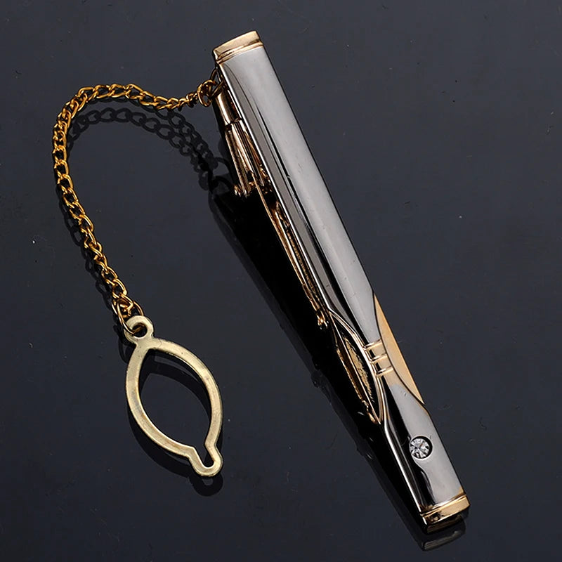 New Metal Gold Color Tie Clip With Chain