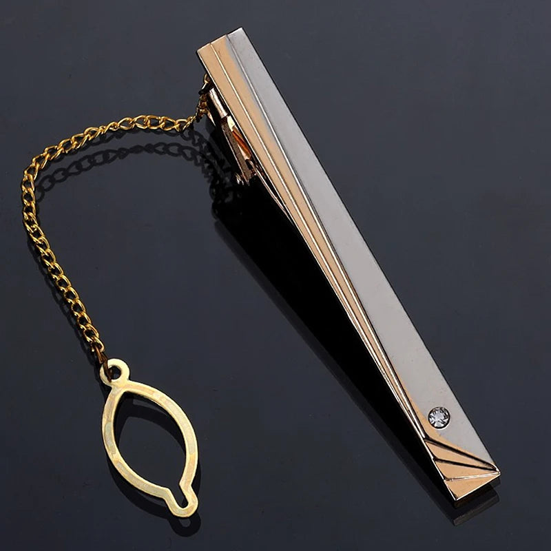 New Metal Gold Color Tie Clip With Chain