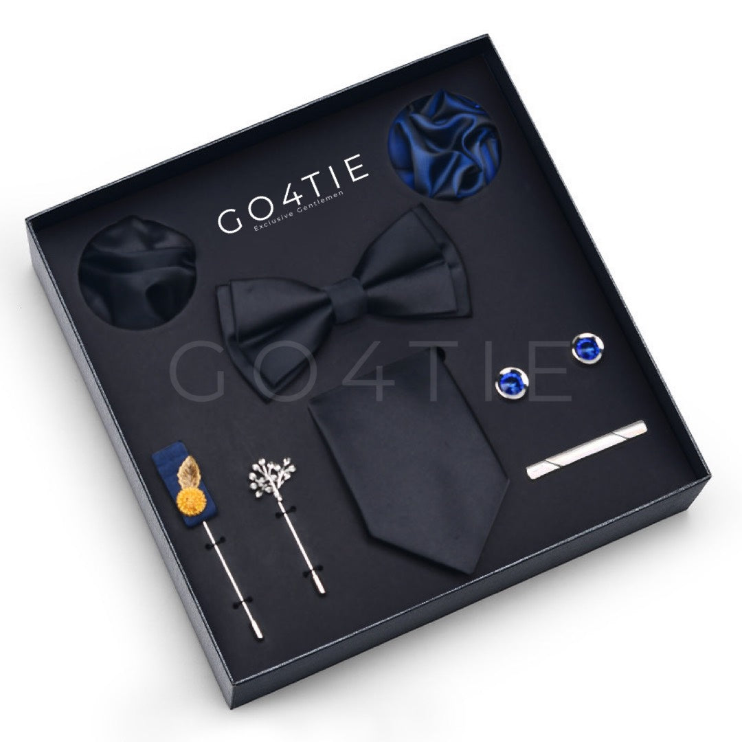 Luxury Black 8-Piece Accessories Set with Shiny Dark Blue Napkin – Tie, Bow Tie, Clip Tie, Cufflinks, Brooches & Napkins
