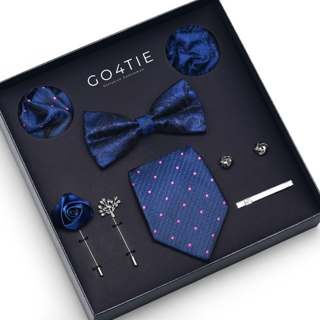Dark Blue 8-Piece Accessories Set with Pink Mini Dots – Tie, Bow Tie, Clip Tie, Cufflinks, Brooches & Napkins