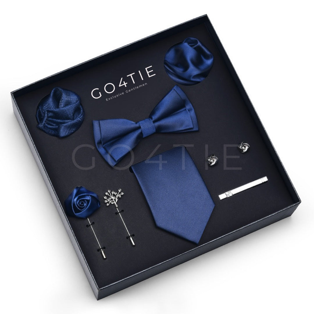 Luxury Dark Blue 8-Piece Accessories Set – Tie, Bow Tie, Clip Tie, Cufflinks, Brooches & Napkins