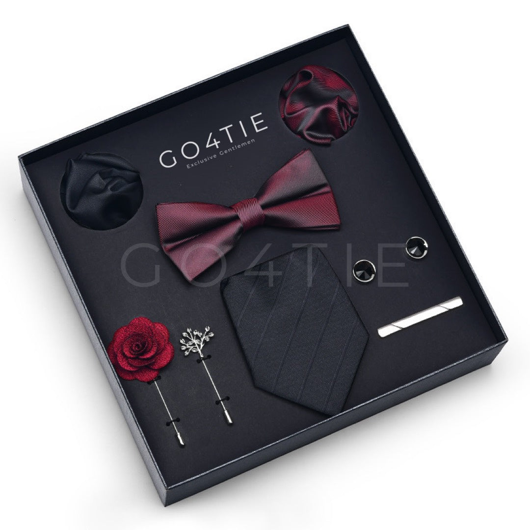 Super Luxury Black & Dark Red 8-Piece Accessories Set – Tie, Bow Tie, Clip Tie, Cufflinks, Brooches & Napkins