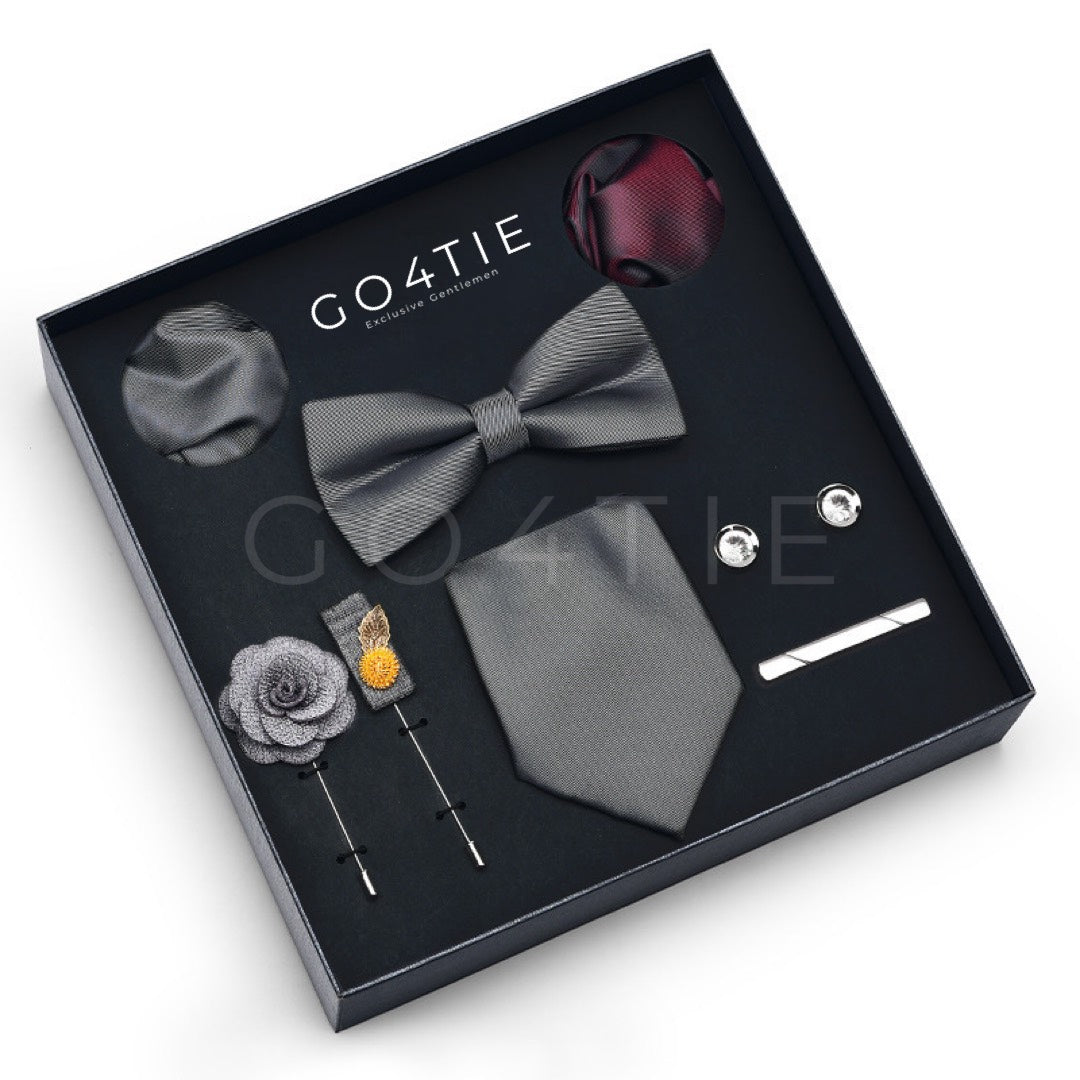 Grey 8-Piece Accessories Set with Dark Red Napkin – Tie, Bow Tie, Clip Tie, Cufflinks, Brooches & Napkins