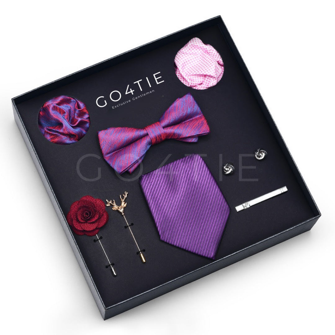 Colorful 8-Piece Accessories Set – Tie, Bow Tie, Clip Tie, Cufflinks, Brooches & Napkins