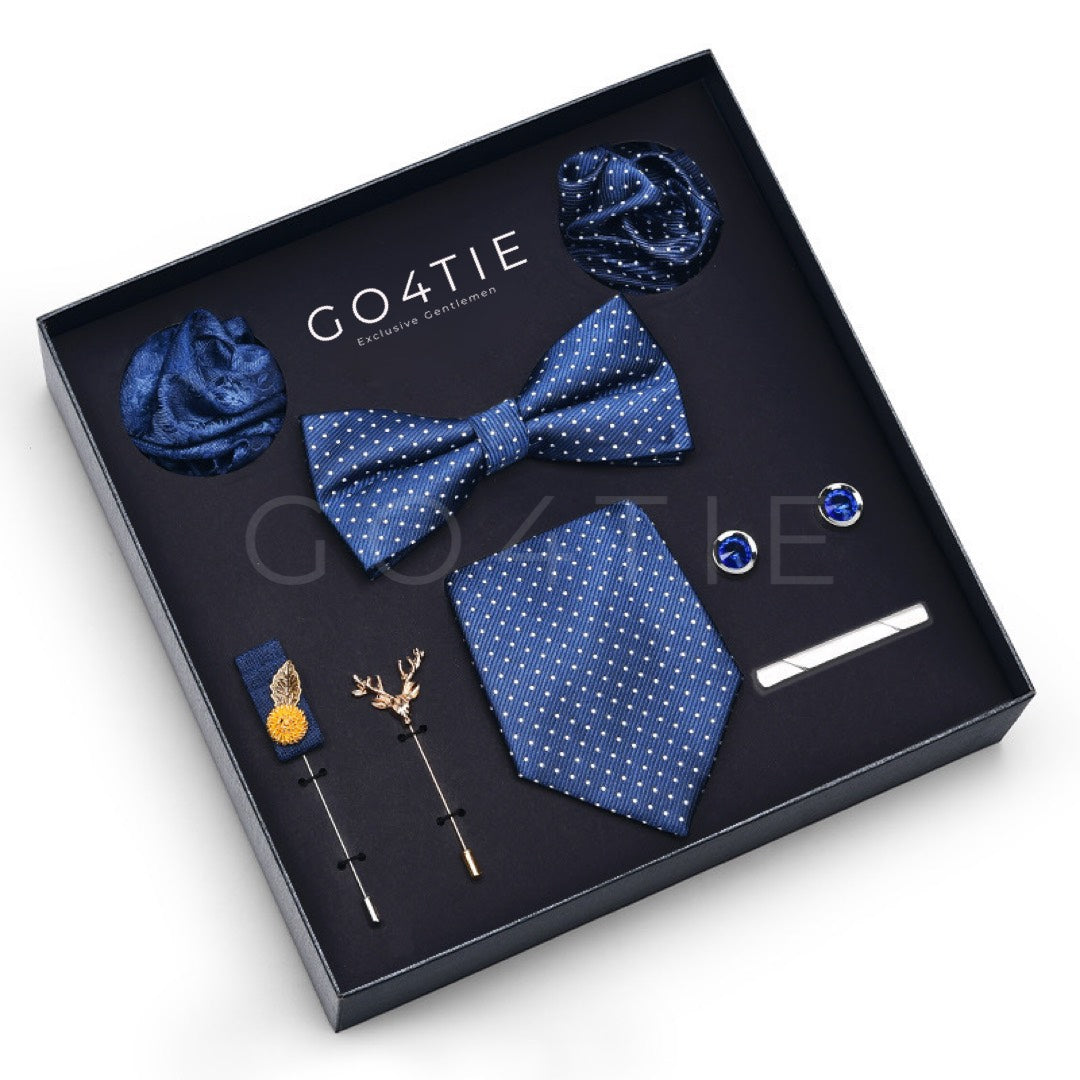Dark Blue 8-Piece Accessories Set with White Mini Dots – Tie, Bow Tie, Clip Tie, Cufflinks, Brooches & Napkins