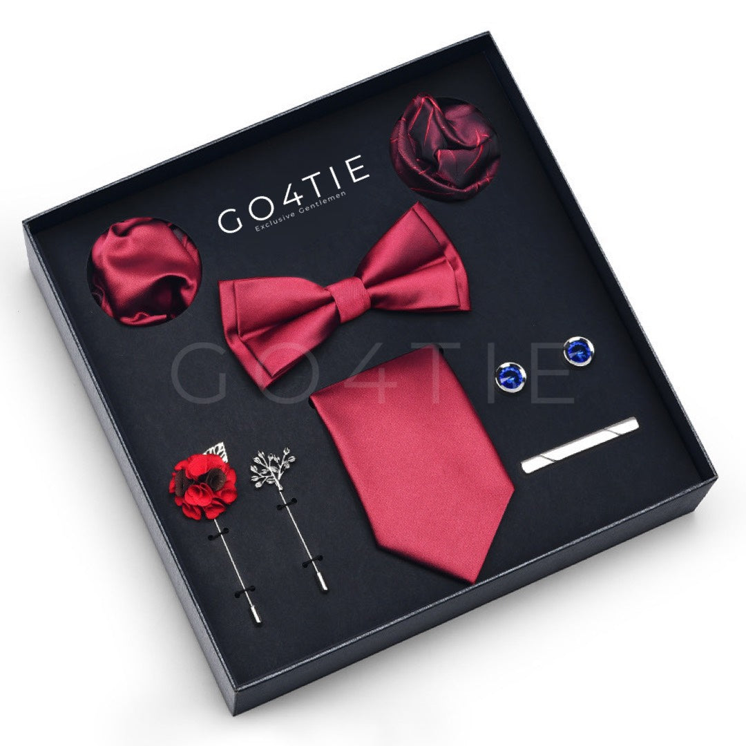 Luxury Dark Red 8-Piece Accessories Set – Tie, Bow Tie, Clip Tie, Cufflinks, Brooches & Napkins