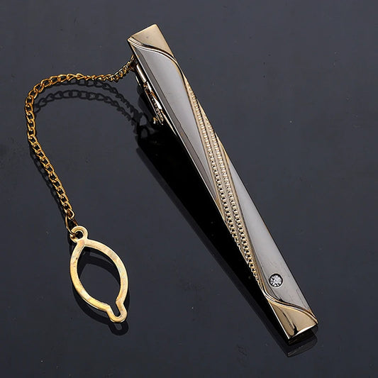 New Metal Gold Color Tie Clip With Chain